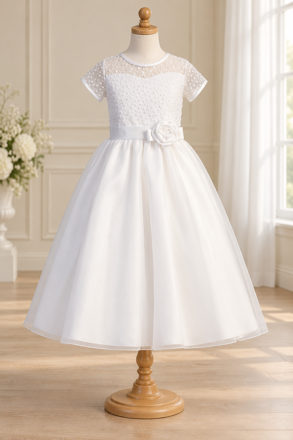 Style 169 Communion dress front, showing sheer embroidered yoke and sleeves, satin waist rose and plain organza skirt.