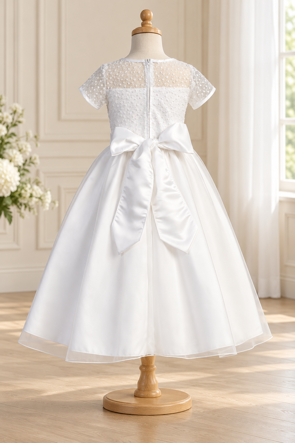 Style 169 Communion dress back, showing centre zipper, sheer embroidered yoke and large satin waist bow.