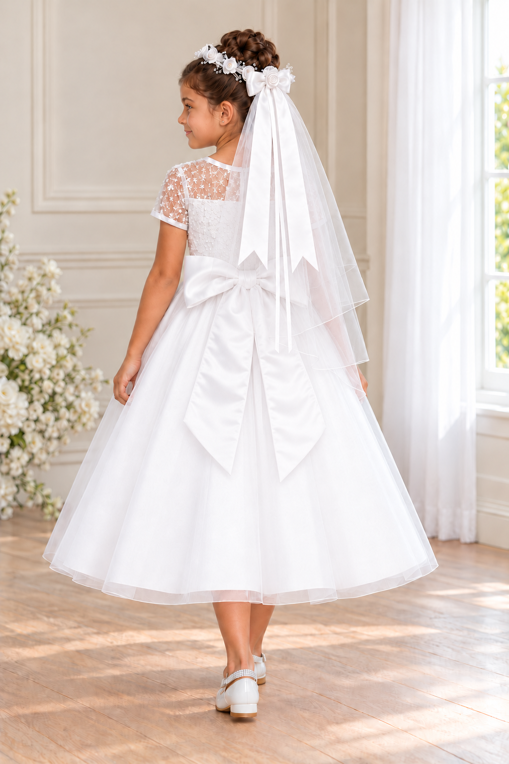 Style 169 white Communion dress back on a child model, showing the satin bow and long sash tails, with Mia shoes and T-330 rose veil; accessories sold separately.