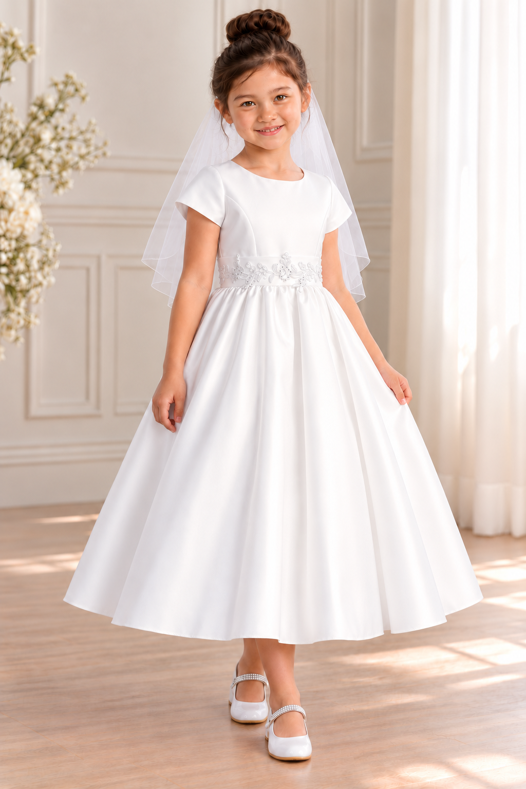 Style 185 white satin Communion dress front on a child model with Mia shoes and T-300 veil; accessories sold separately.