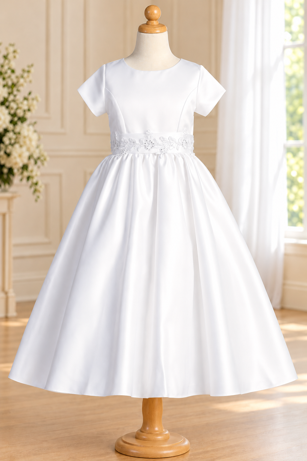 Style 185 white satin Communion dress front, showing short sleeves, princess seams and silver corded floral trim at the waist.