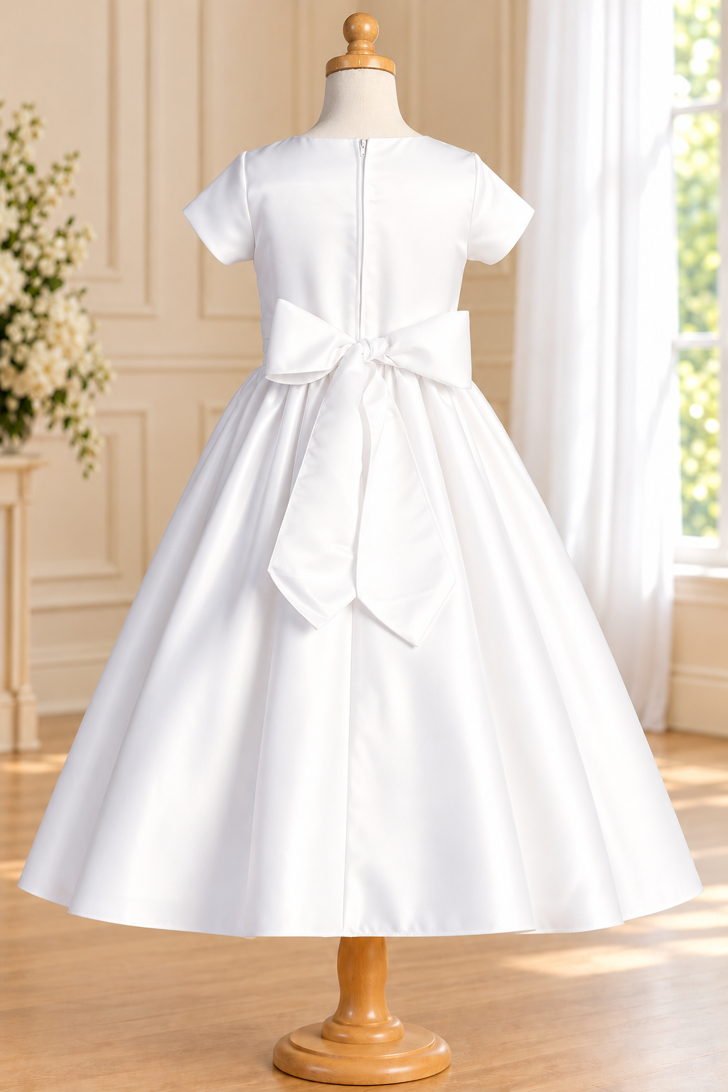 Style 185 white satin Communion dress back, showing centre zipper and satin waist bow with long pointed tails.