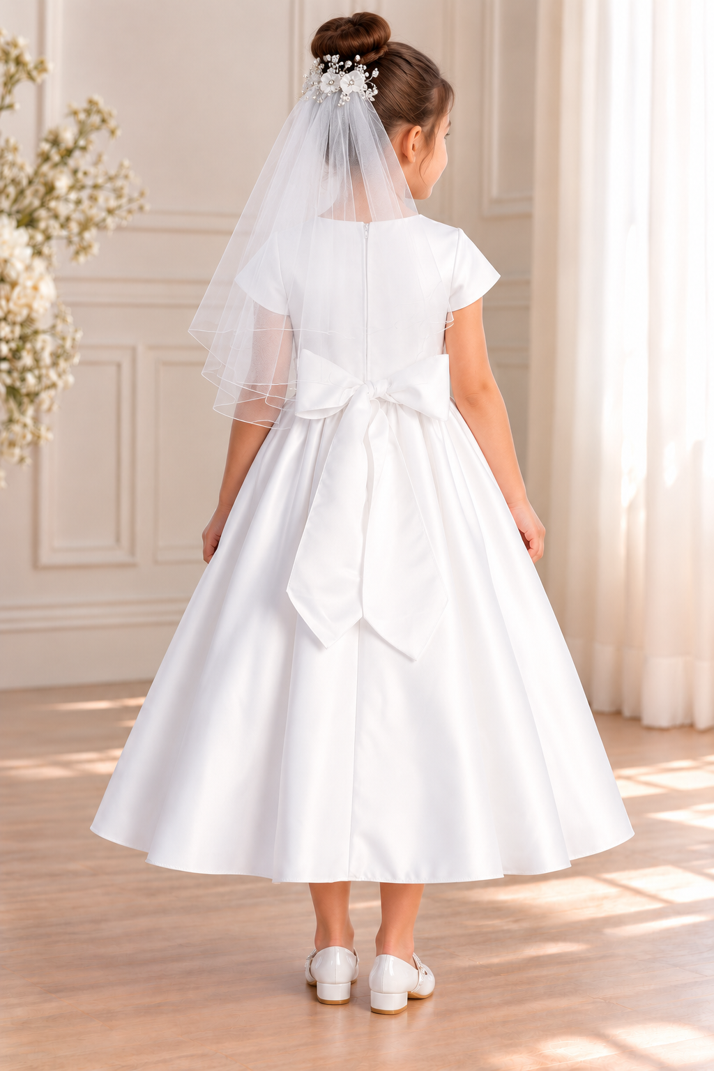 Style 185 white satin Communion dress back on a child model with Mia shoes and T-300 floral comb veil; accessories sold separately.