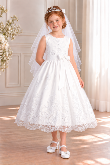 Style 188 white embroidered tulle Communion dress front on a child model with GZ5504 shoes and T-82 tiara veil; accessories sold separately.