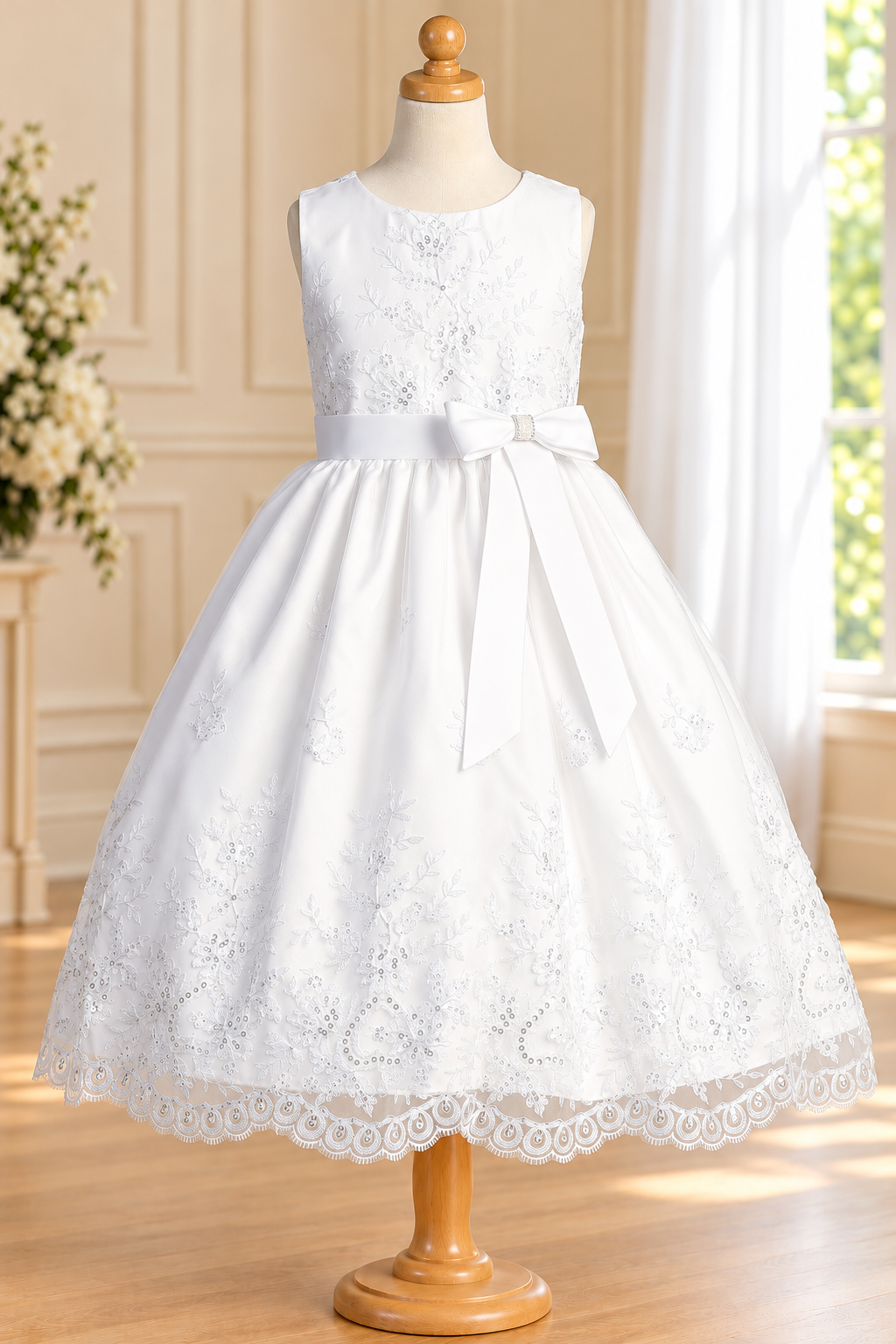 Style 188 sleeveless white Communion dress front, showing floral embroidery, sequins, satin sash and side bow with rhinestone centre.