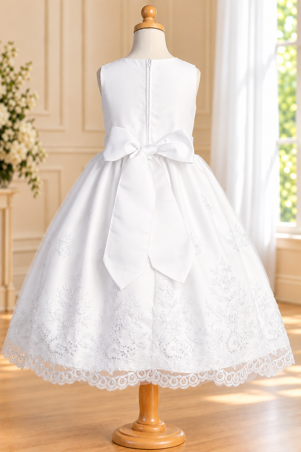 Style 188 white Communion dress back, showing plain bodice, centre zipper, satin bow with pointed tails and embroidered scalloped hem.