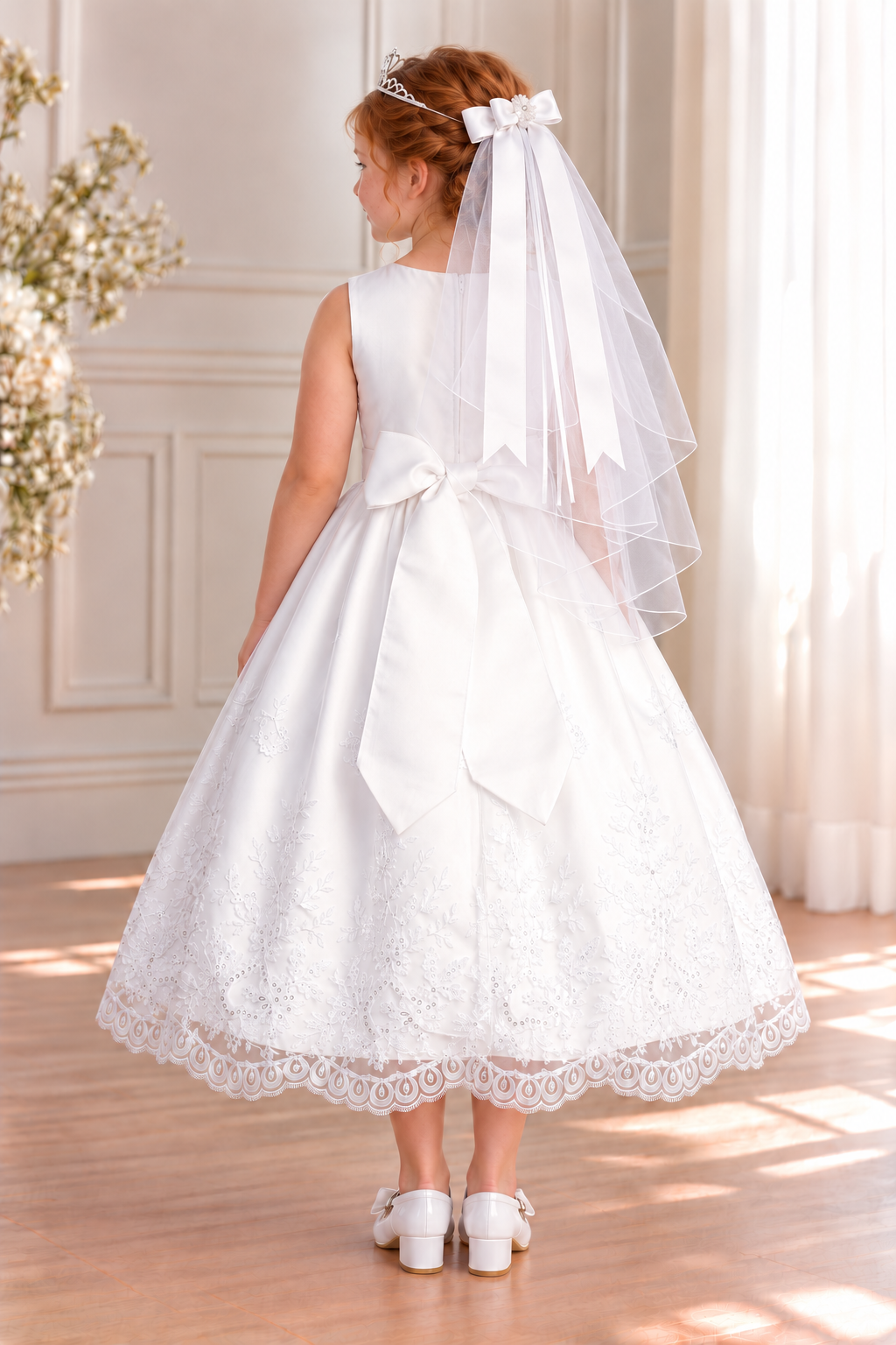 Style 188 white embroidered Communion dress back on a child model with GZ5504 shoes and T-82 tiara veil; accessories sold separately.