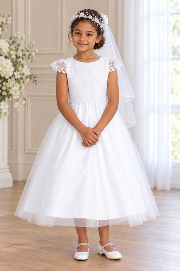 Style 189 white Communion dress front on a child model with Mia white shoes and T-28 floral veil; accessories sold separately.