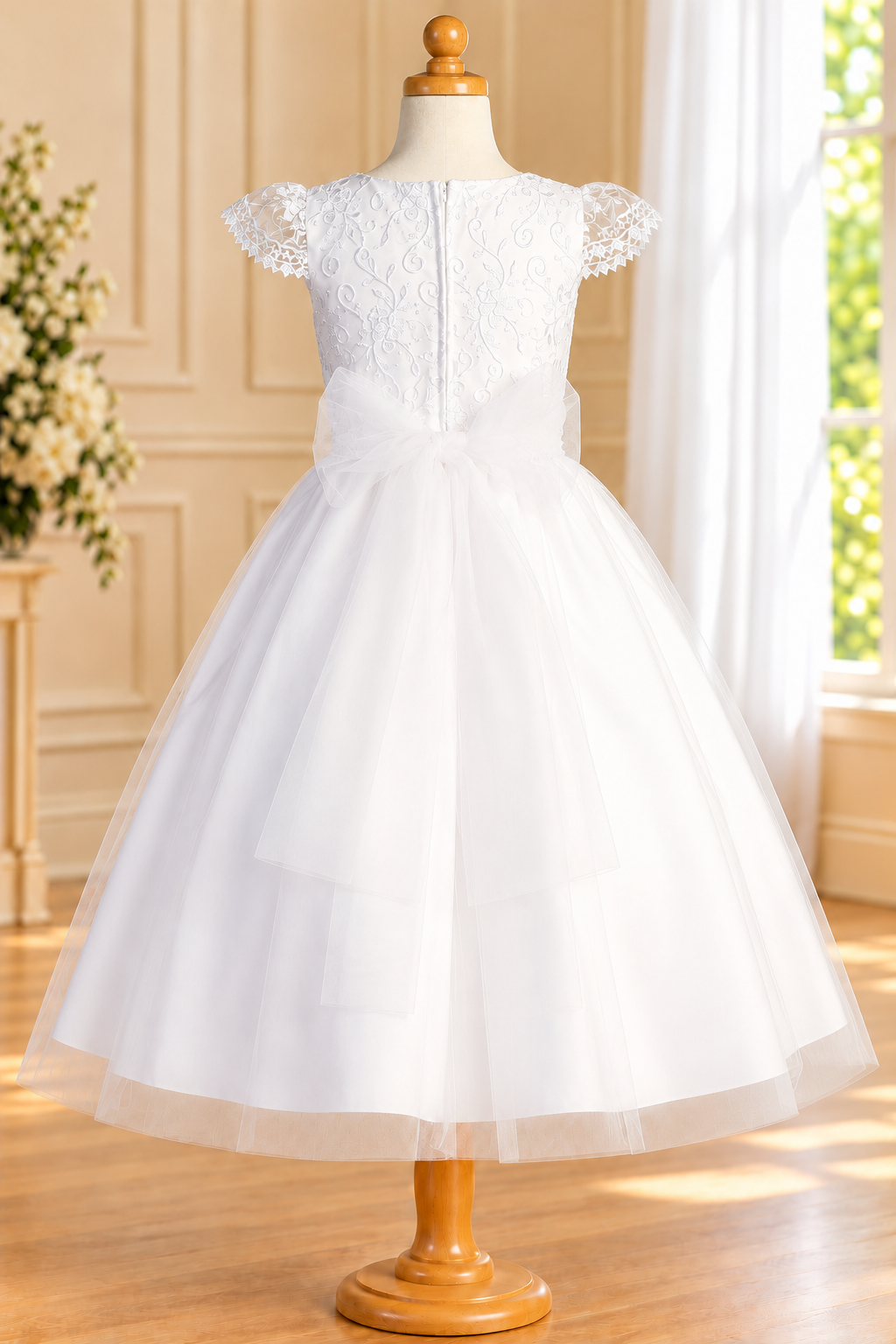 Style 189 white Communion dress back showing embroidered bodice, centre zipper and sheer tulle bow with long straight-ended tails.