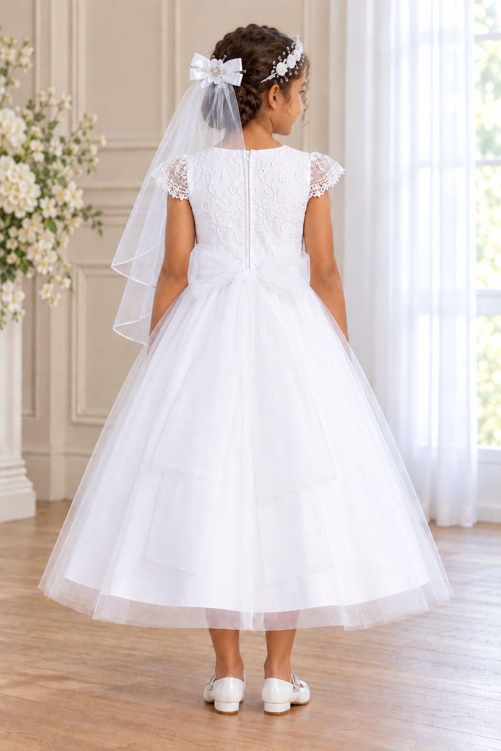 Style 189 white Communion dress back on a child model with Mia white shoes and T-28 floral veil; accessories sold separately.