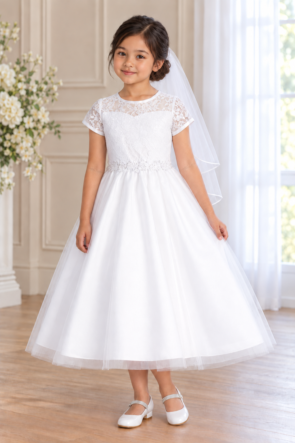 Style 190 white lace and tulle Communion dress front on a child model with Mia shoes and T-310 comb veil; accessories sold separately.