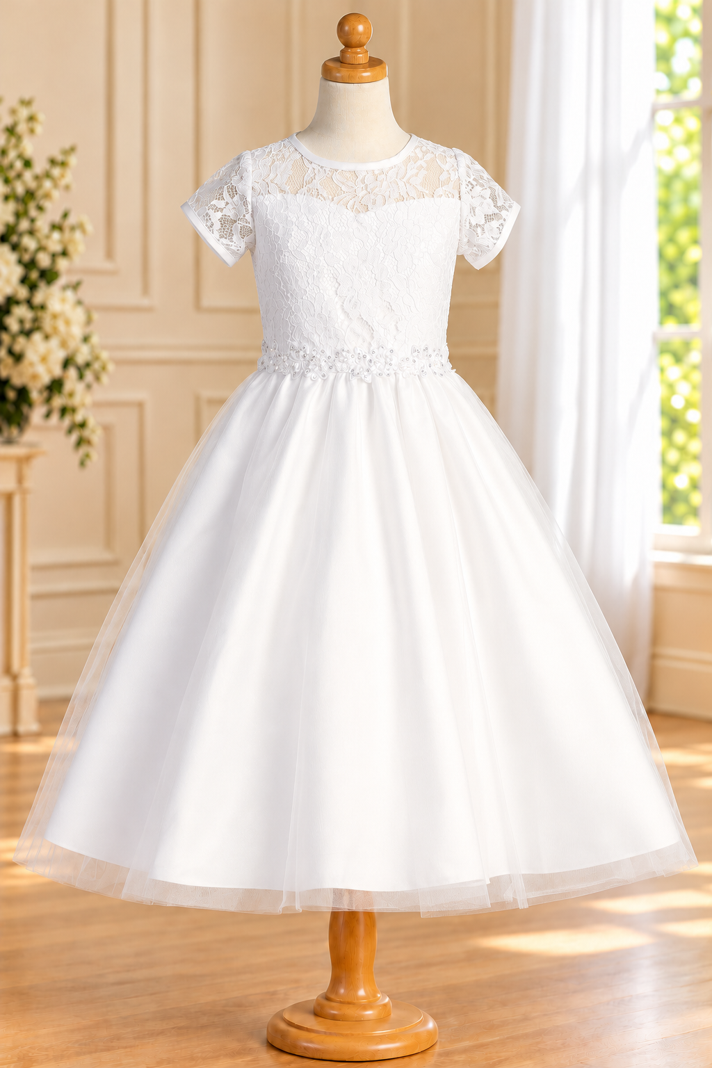 Style 190 white Communion dress front showing sheer floral lace yoke, short bound lace sleeves, floral waist trim and plain tulle skirt.