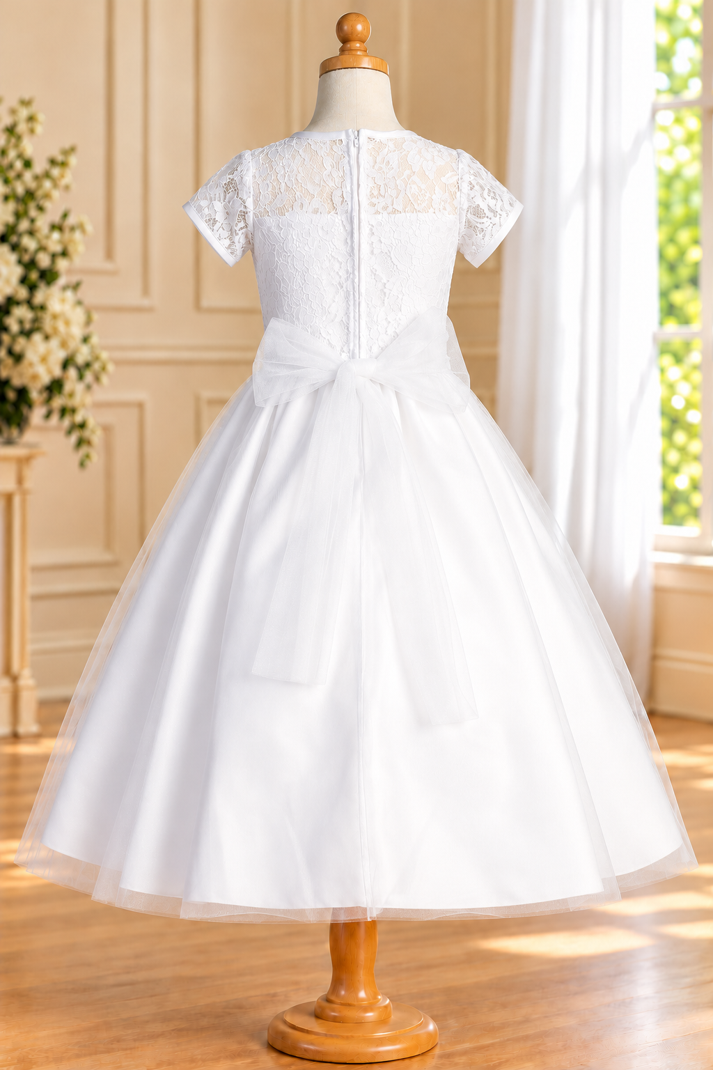 Style 190 white Communion dress back showing lace yoke, centre zipper and sheer tulle bow with long straight-ended tails.