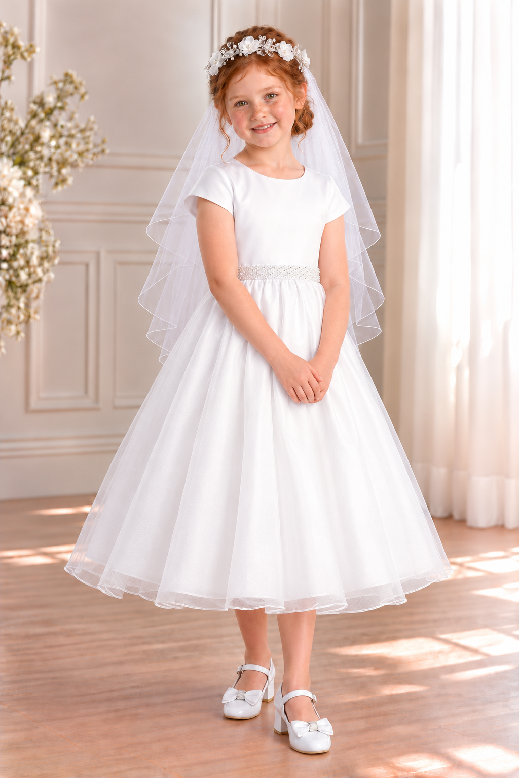 Style 200 white Communion dress front on a child model, showing short satin sleeves, pearl-and-rhinestone waist trim and a plain organza skirt; GZ5504 shoes and T-409 veil sold separately.