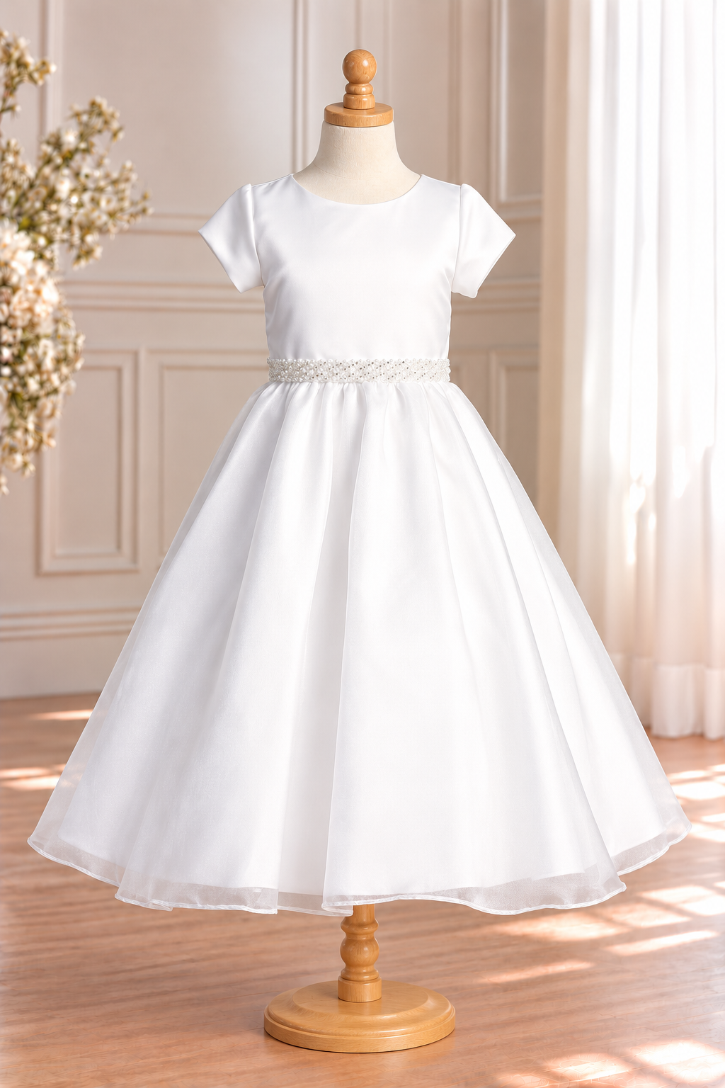 Style 200 white Communion dress front on a mannequin, showing the satin bodice, short sleeves, pearl-and-rhinestone waist trim and tea-length organza skirt.