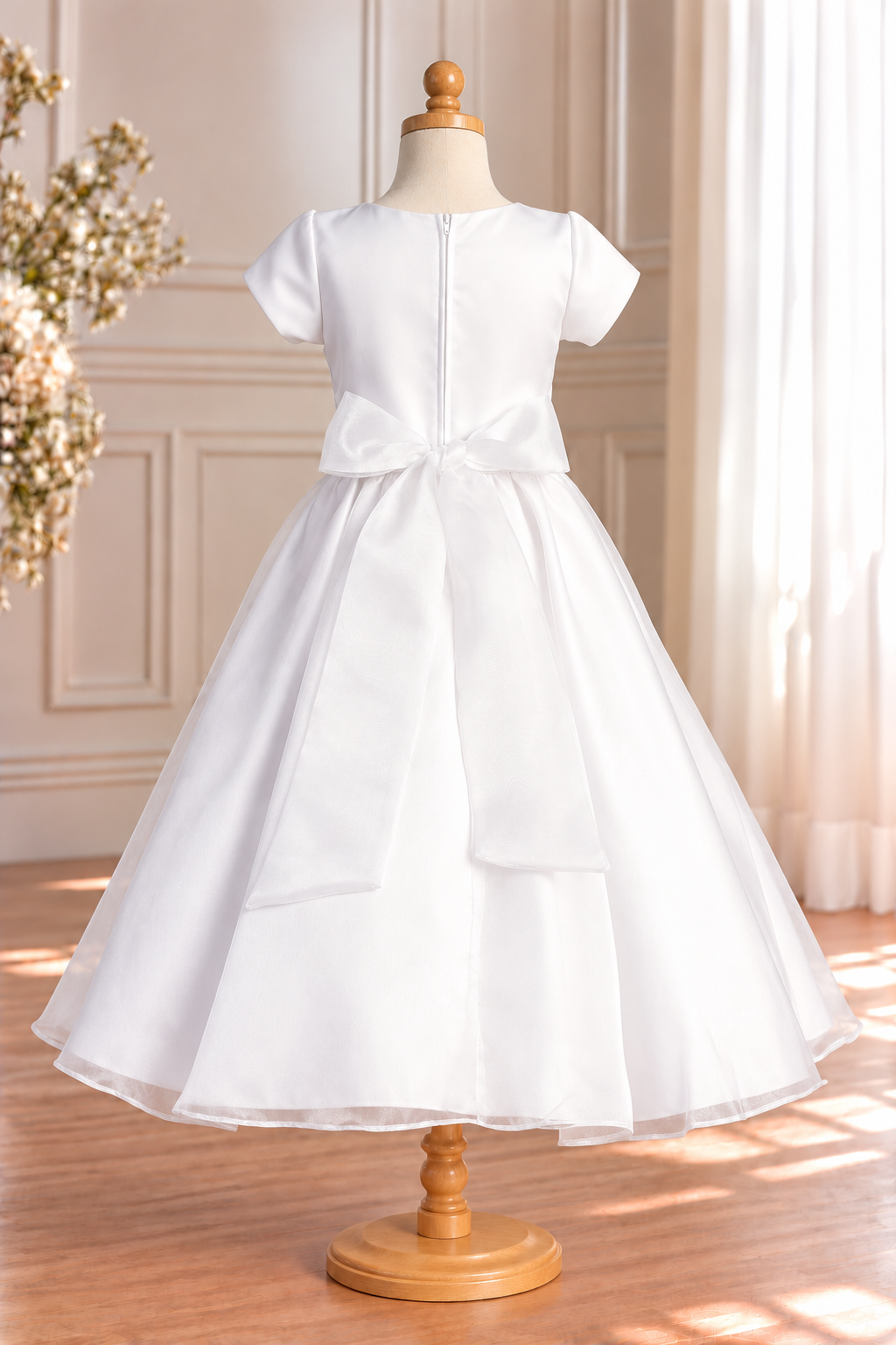 Style 200 white Communion dress rear on a mannequin, showing the round neckline, centre zipper, sheer organza bow and tea-length organza skirt.