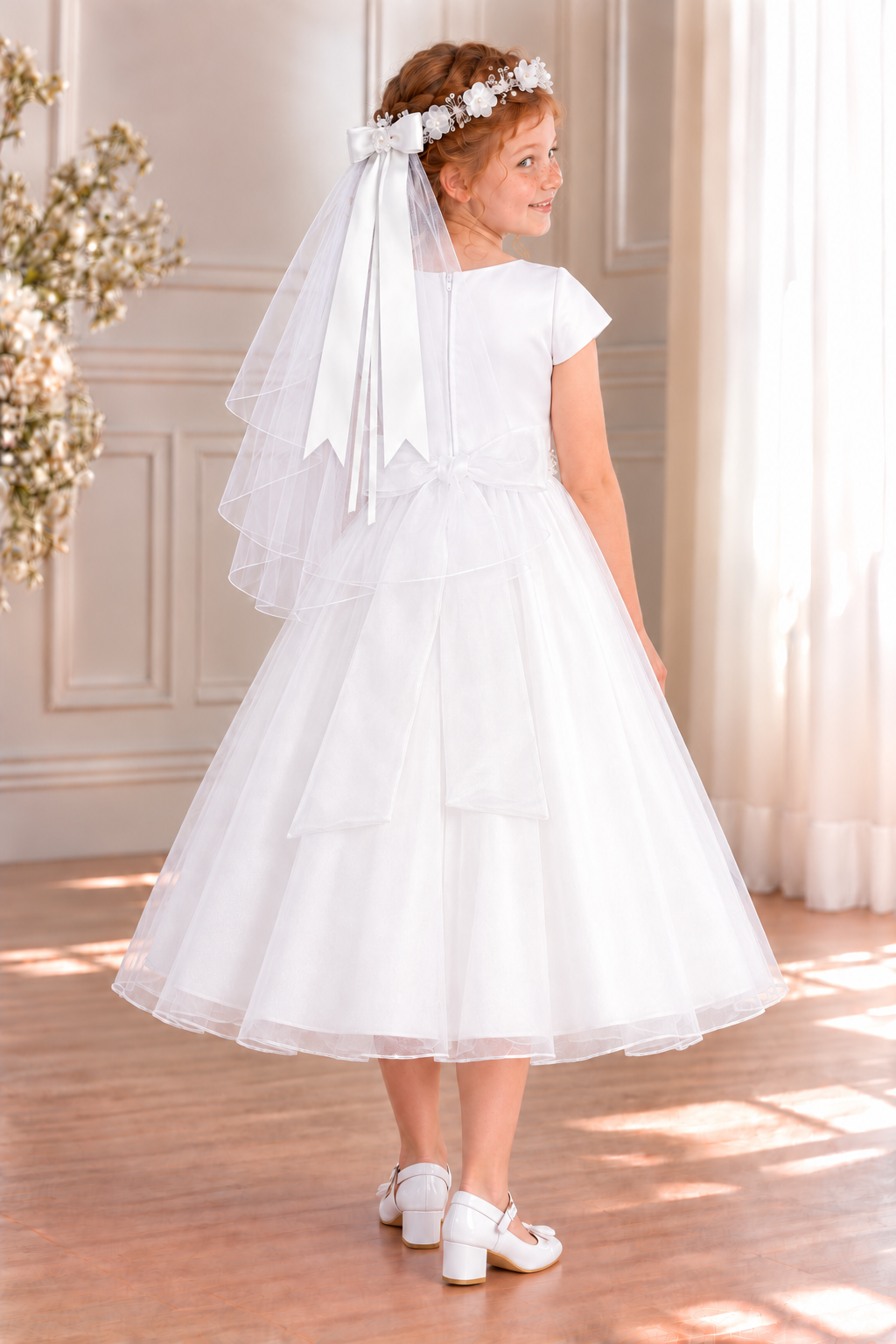 Style 200 white Communion dress rear on a child model with an organza waist bow; GZ5504 shoes and T-409 floral veil with satin ribbons sold separately.