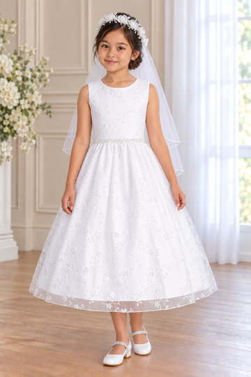 Style 201 white Communion dress front on a child model, showing a sleeveless embroidered-tulle bodice, beaded waistband and floral vine skirt; Mia shoes and T-66 veil sold separately.