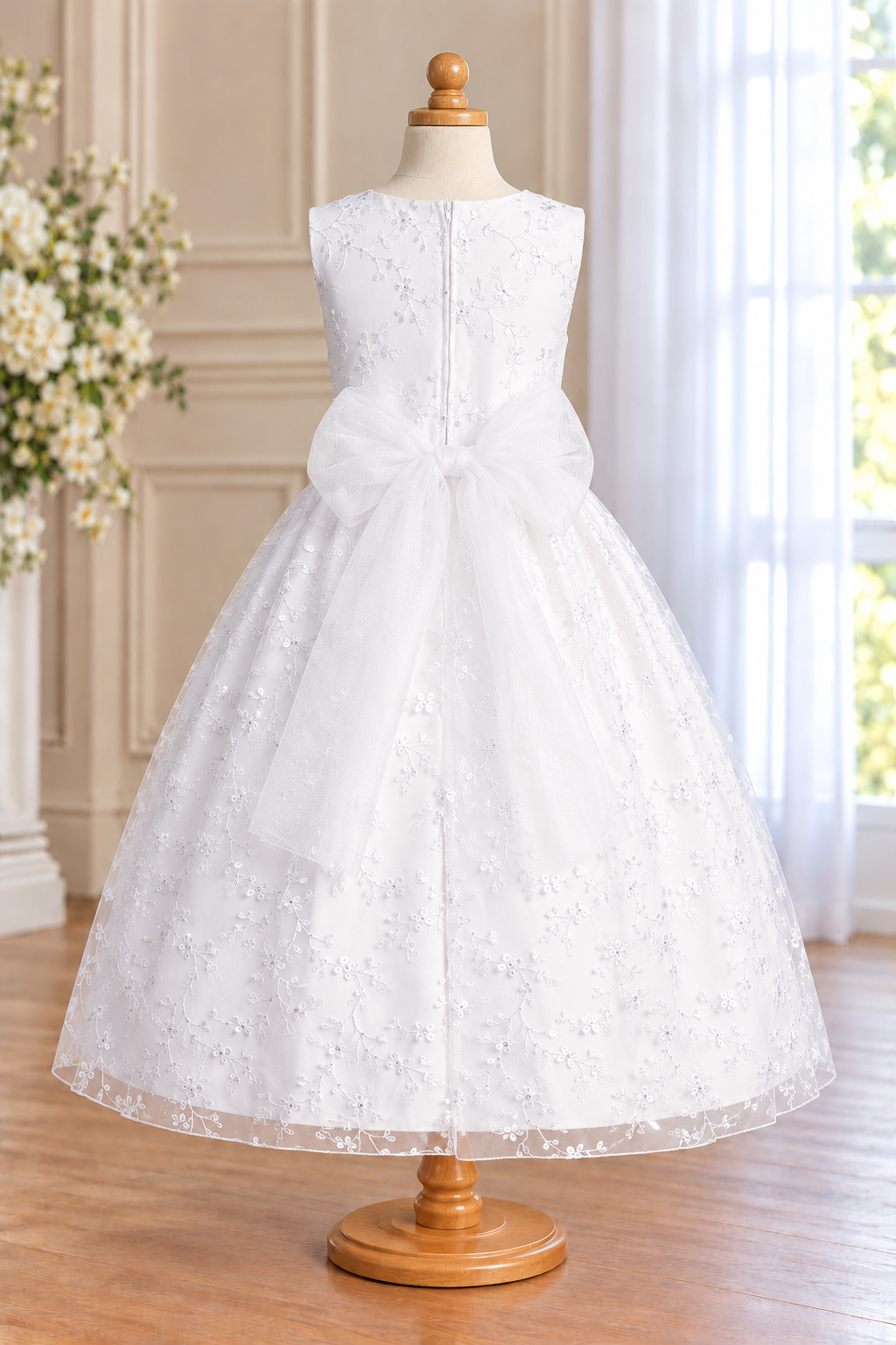 Style 201 white embroidered-tulle Communion dress rear on a mannequin, showing the centre zipper, large sheer tulle waist bow and floral vine skirt.