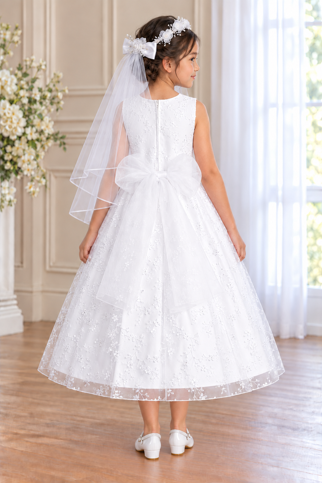 Style 201 white embroidered-tulle Communion dress rear on a child model with a sheer waist bow; Mia shoes and T-66 floral veil sold separately.