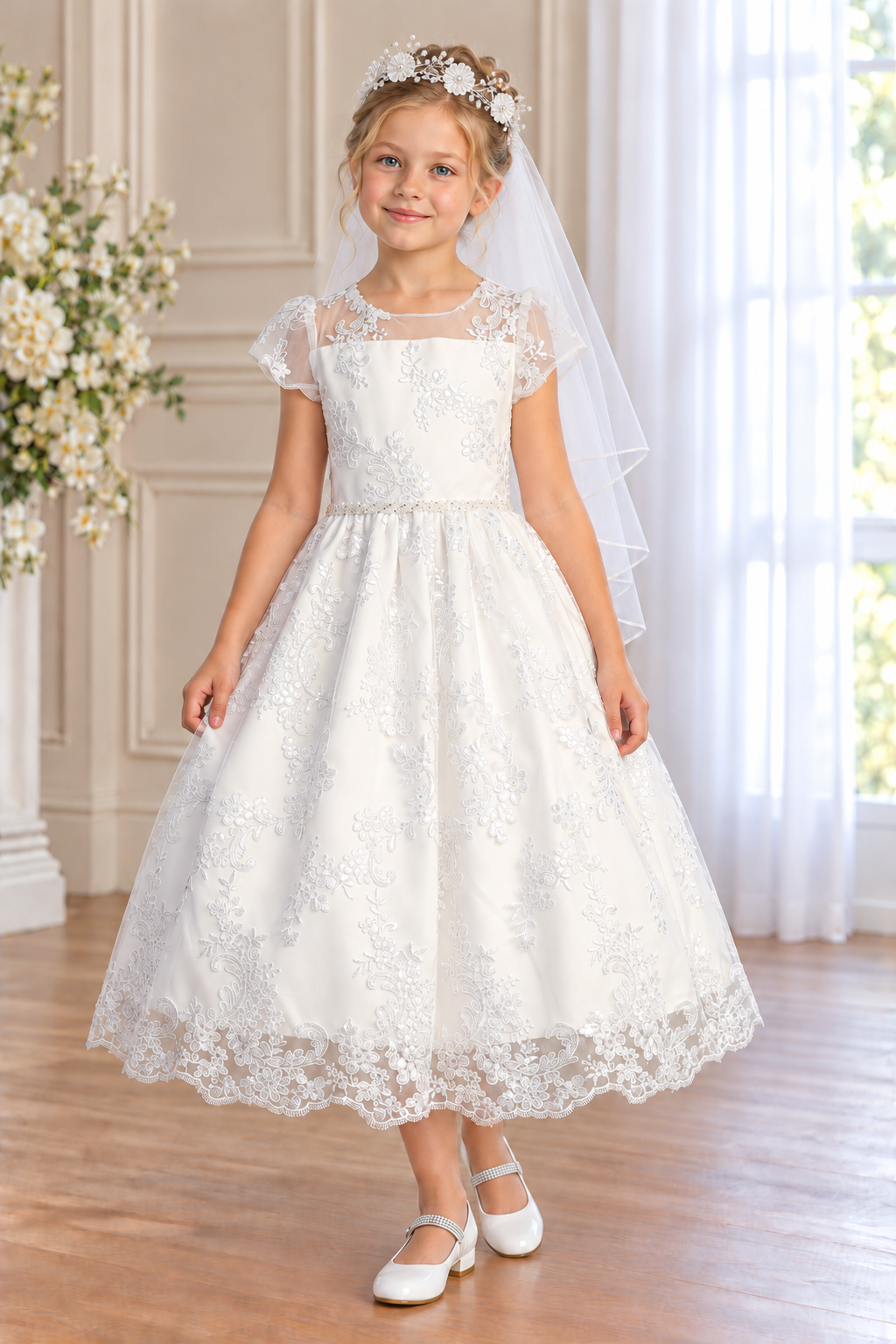 Style 202 white Communion dress front on a child model, showing a sheer yoke, short tulle sleeves and embroidered scalloped skirt; Mia shoes and T-505 veil sold separately.
