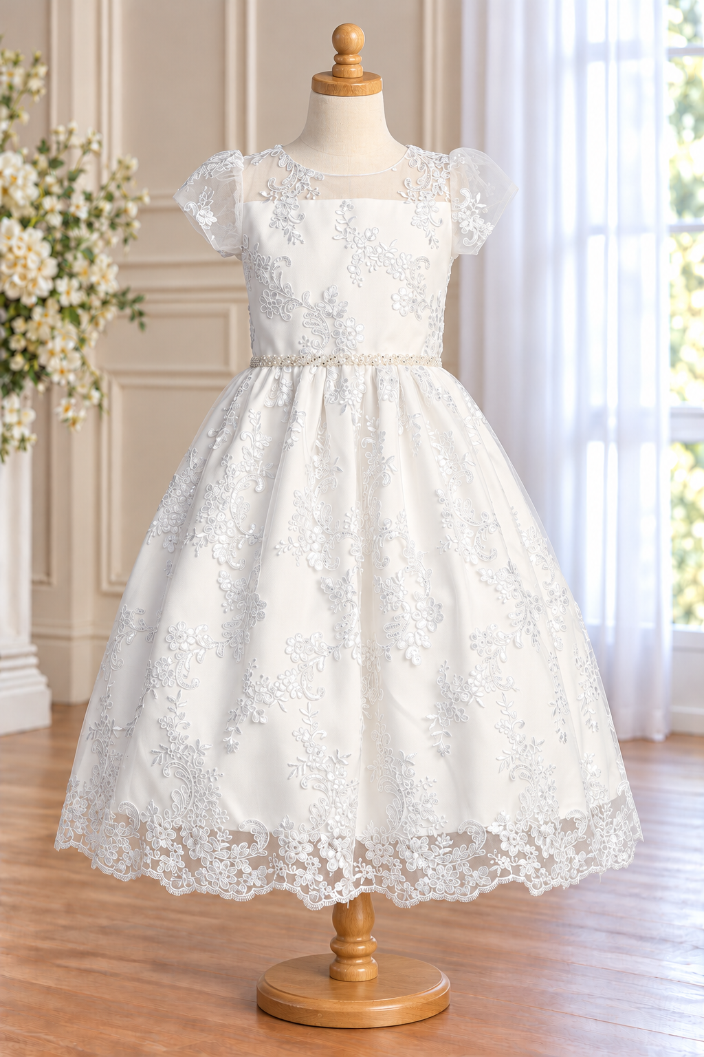 Style 202 white Communion dress front on a mannequin, showing the sheer round yoke, straight lining edge, short tulle sleeves, beaded waist and floral-paisley embroidery.