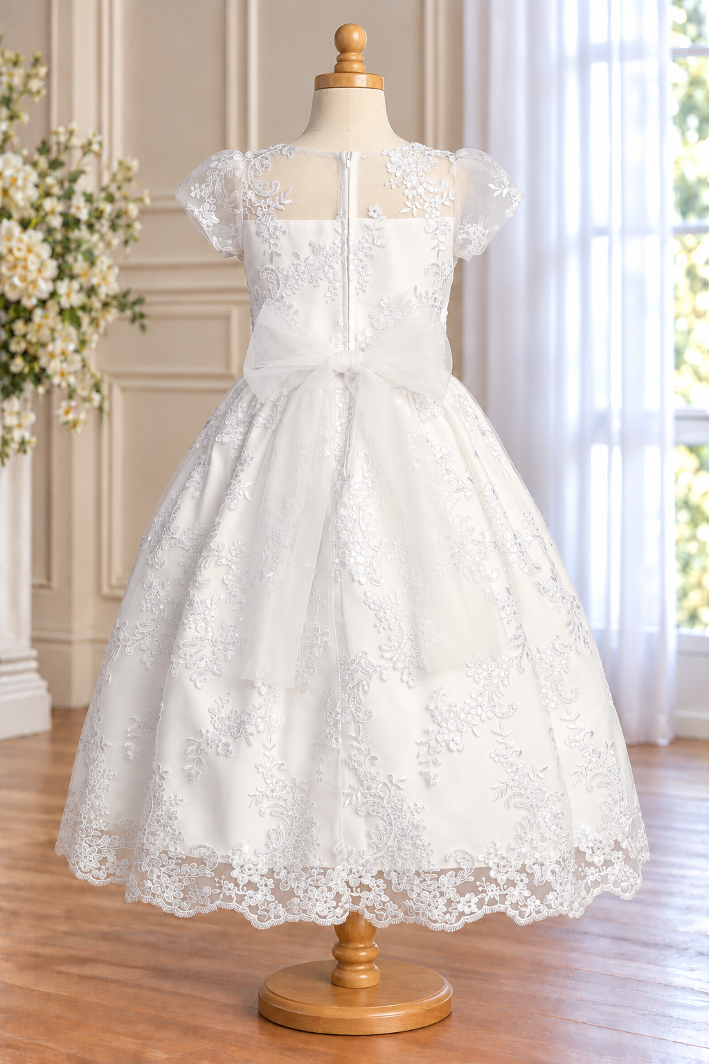 Style 202 white Communion dress rear on a mannequin, showing the sheer yoke, centre zipper, tulle waist bow and embroidered scalloped hem.