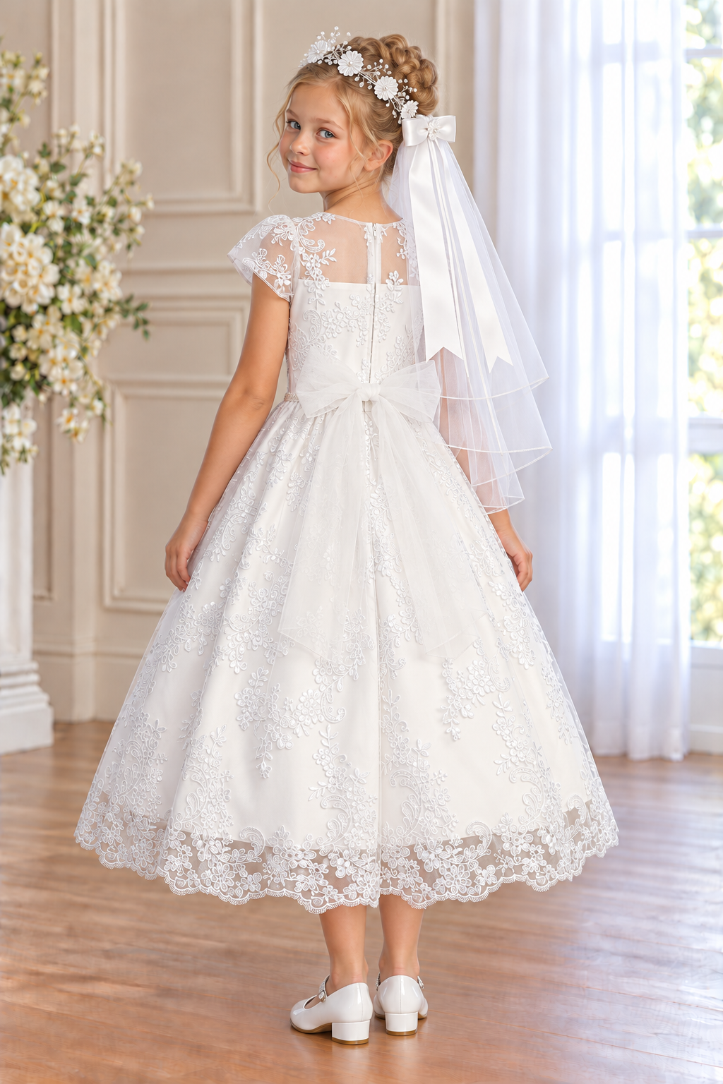 Style 202 white embroidered-tulle Communion dress rear on a child model; Mia shoes and T-505 corded-flower veil with satin ribbons sold separately.