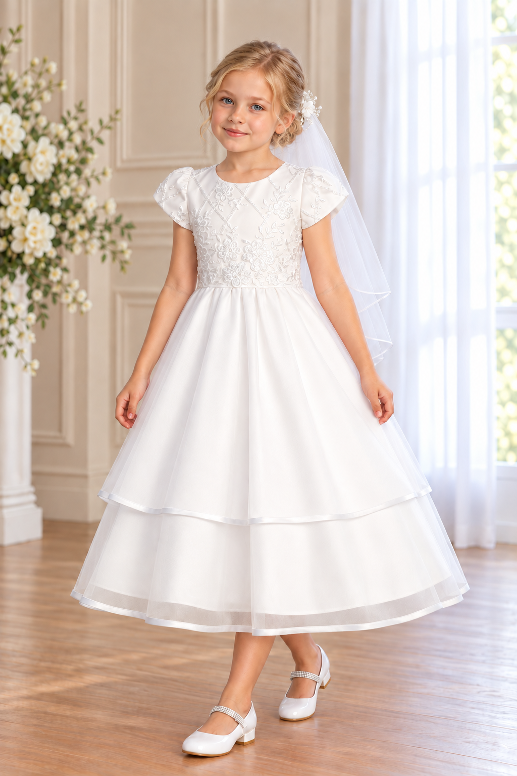 Style 205 white Communion dress front on a child model, showing floral and diamond embroidery, short sleeves and a two-tier satin-edged skirt; Mia shoes and T-307 veil sold separately.