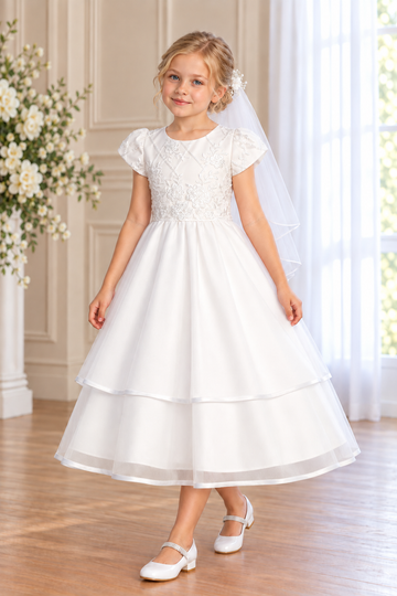 Style 205 white Communion dress front on a child model, showing floral and diamond embroidery, short sleeves and a two-tier satin-edged skirt; Mia shoes and T-307 veil sold separately.