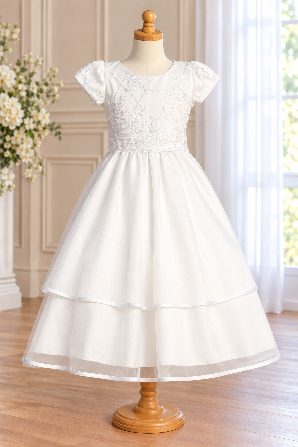 Style 205 white Communion dress front on a mannequin, with a round neckline, short embroidered sleeves, floral diamond-lattice bodice and two satin-edged skirt tiers.
