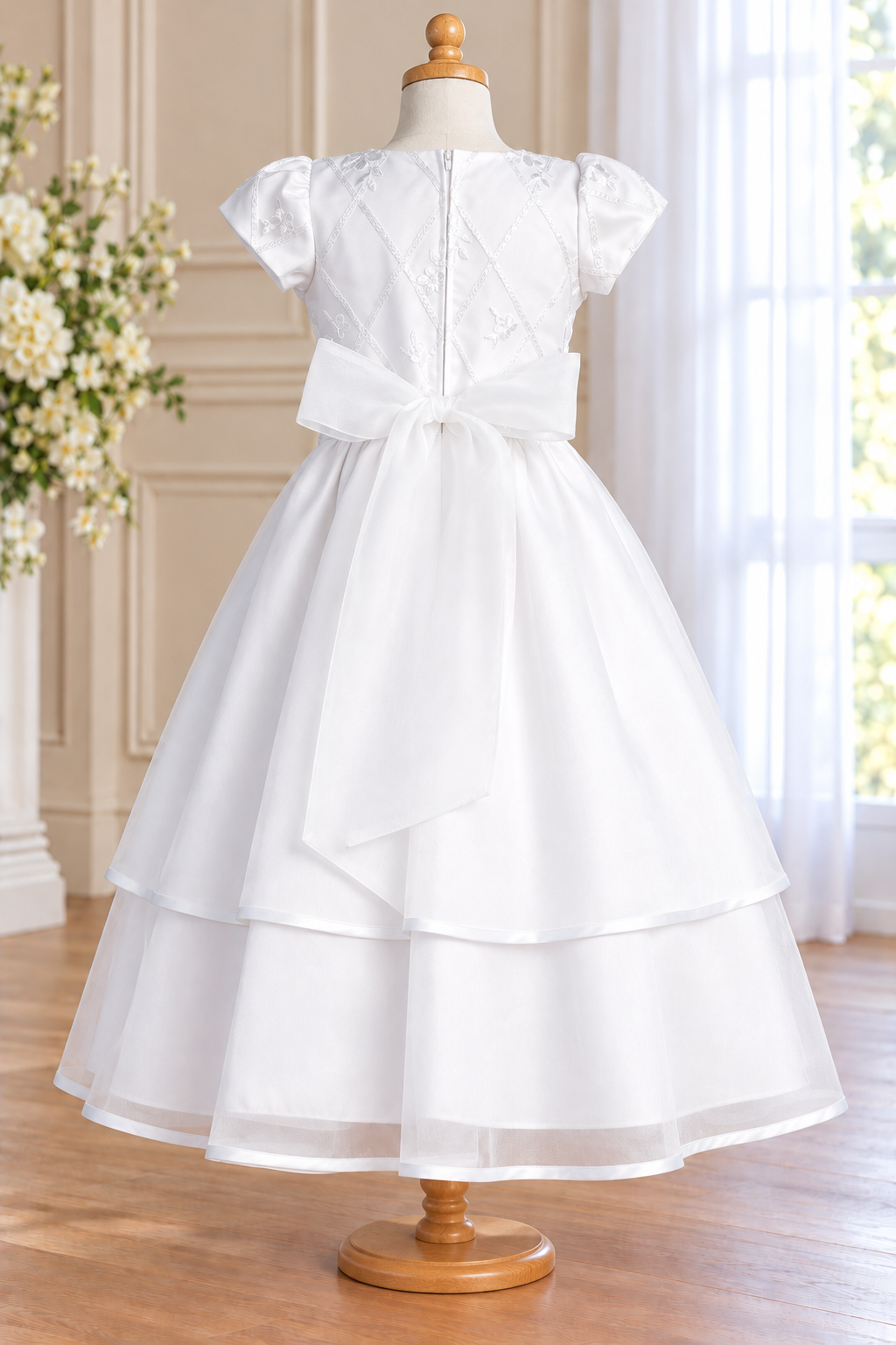 Style 205 white Communion dress rear on a mannequin, showing diamond-lattice embroidery, centre zipper, large waist bow and two satin-edged skirt tiers.