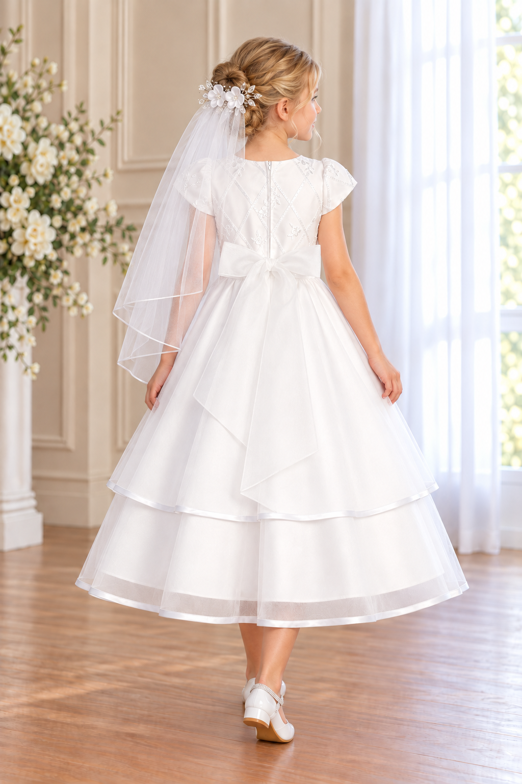 Style 205 white Communion dress rear on a child model with a large waist bow and two-tier skirt; Mia shoes and T-307 satin-flower comb veil sold separately.