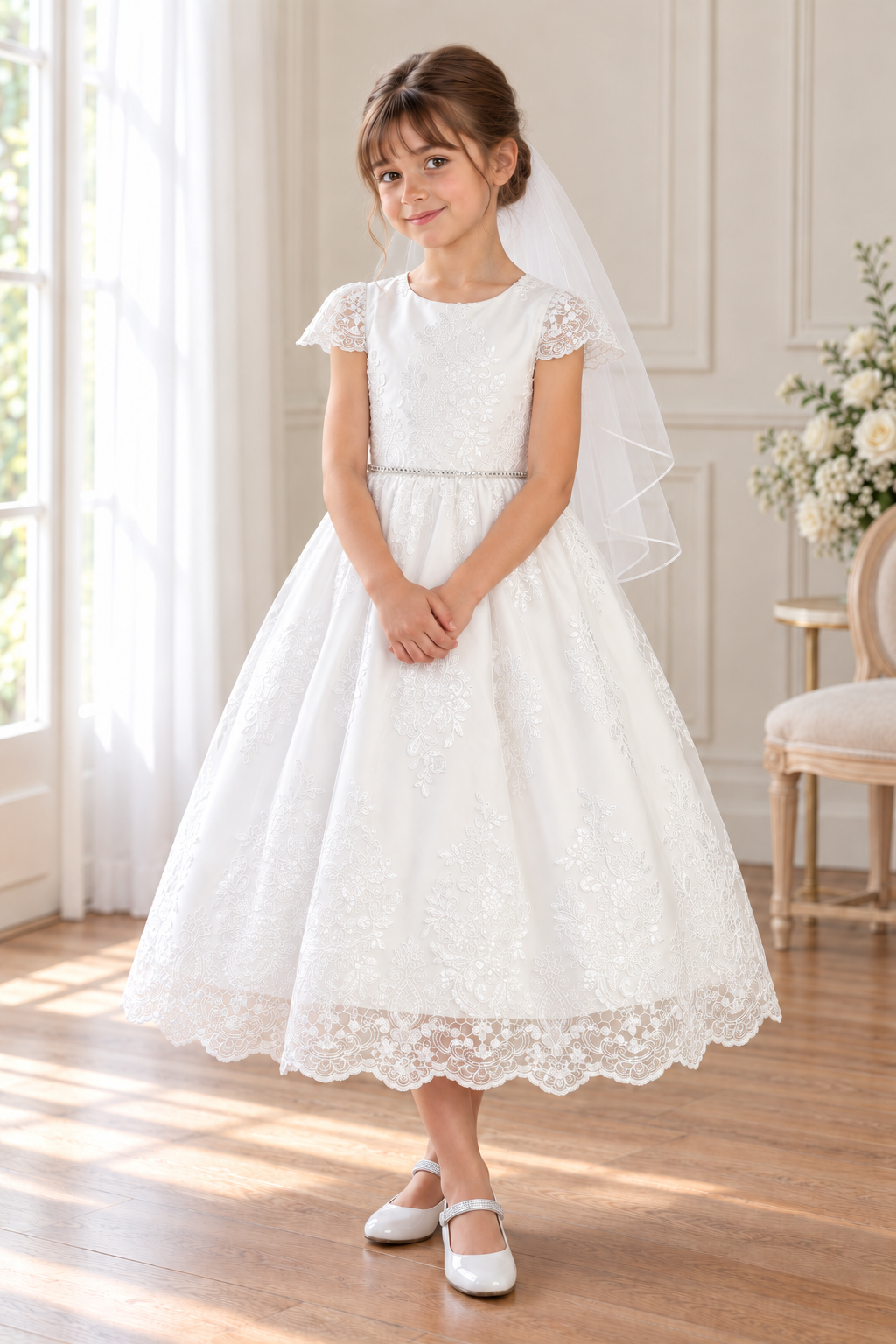 Style 207 white Communion dress front on a child model, showing lace cap sleeves, floral embroidery, a narrow rhinestone waist and scalloped hem; Mia shoes and T-302 veil sold separately.