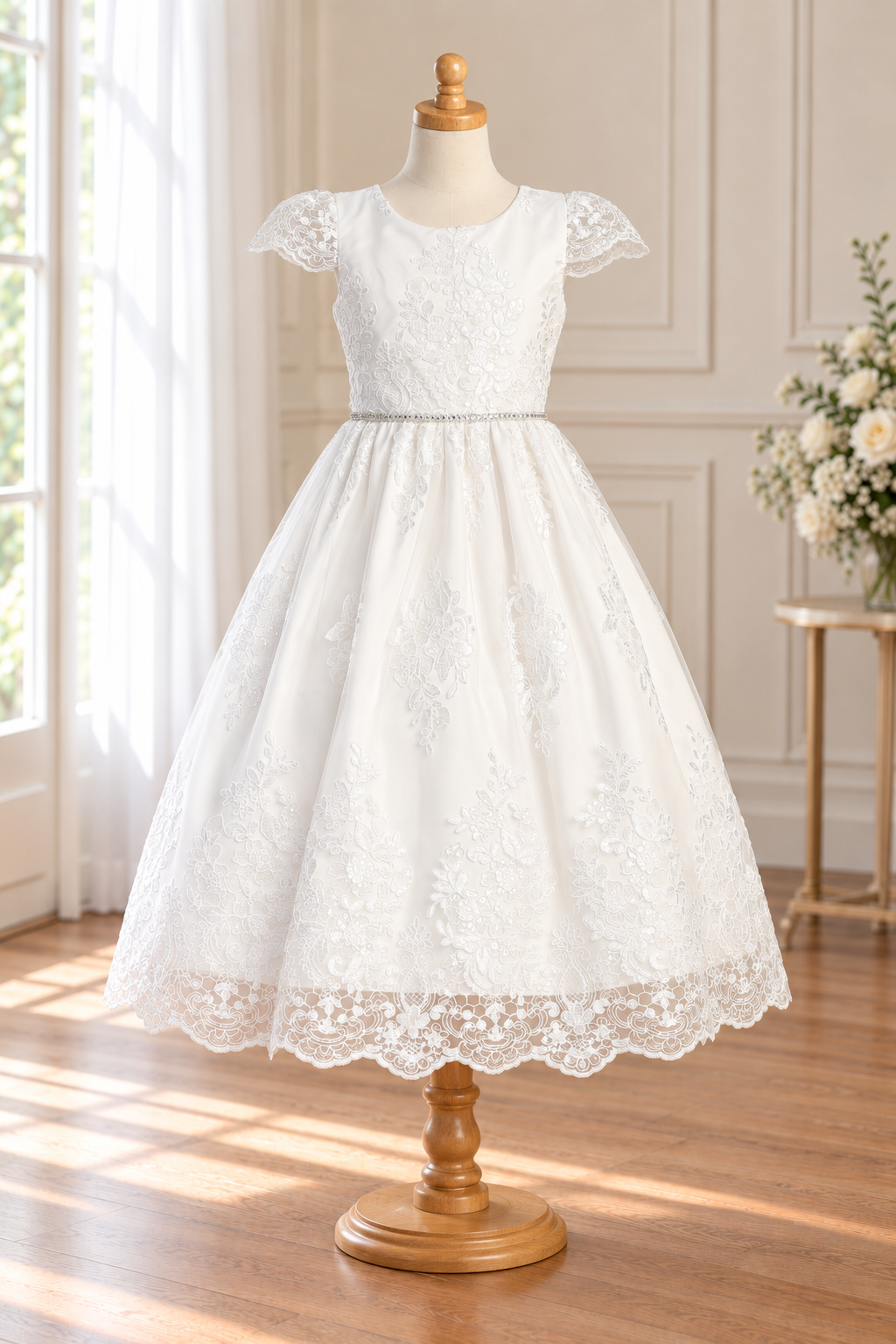 Style 207 white Communion dress front on a mannequin, with a round neckline, sheer lace cap sleeves, corded floral embroidery, rhinestone waistband and scalloped tea-length skirt.