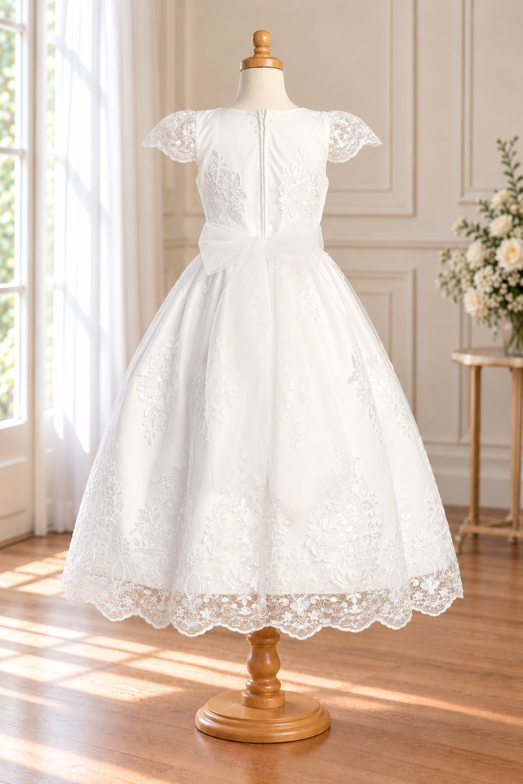 Style 207 white Communion dress rear on a mannequin, showing the centre zipper, floral embroidery, sheer tulle waist bow and scalloped lace hem.
