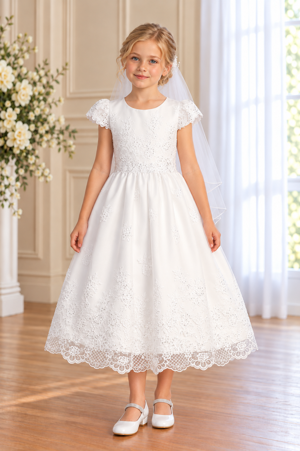 Style 209 white Communion dress front on a child model, with embroidered cap sleeves, floral lace waist and scalloped mesh hem; Mia shoes and T-304 veil sold separately.