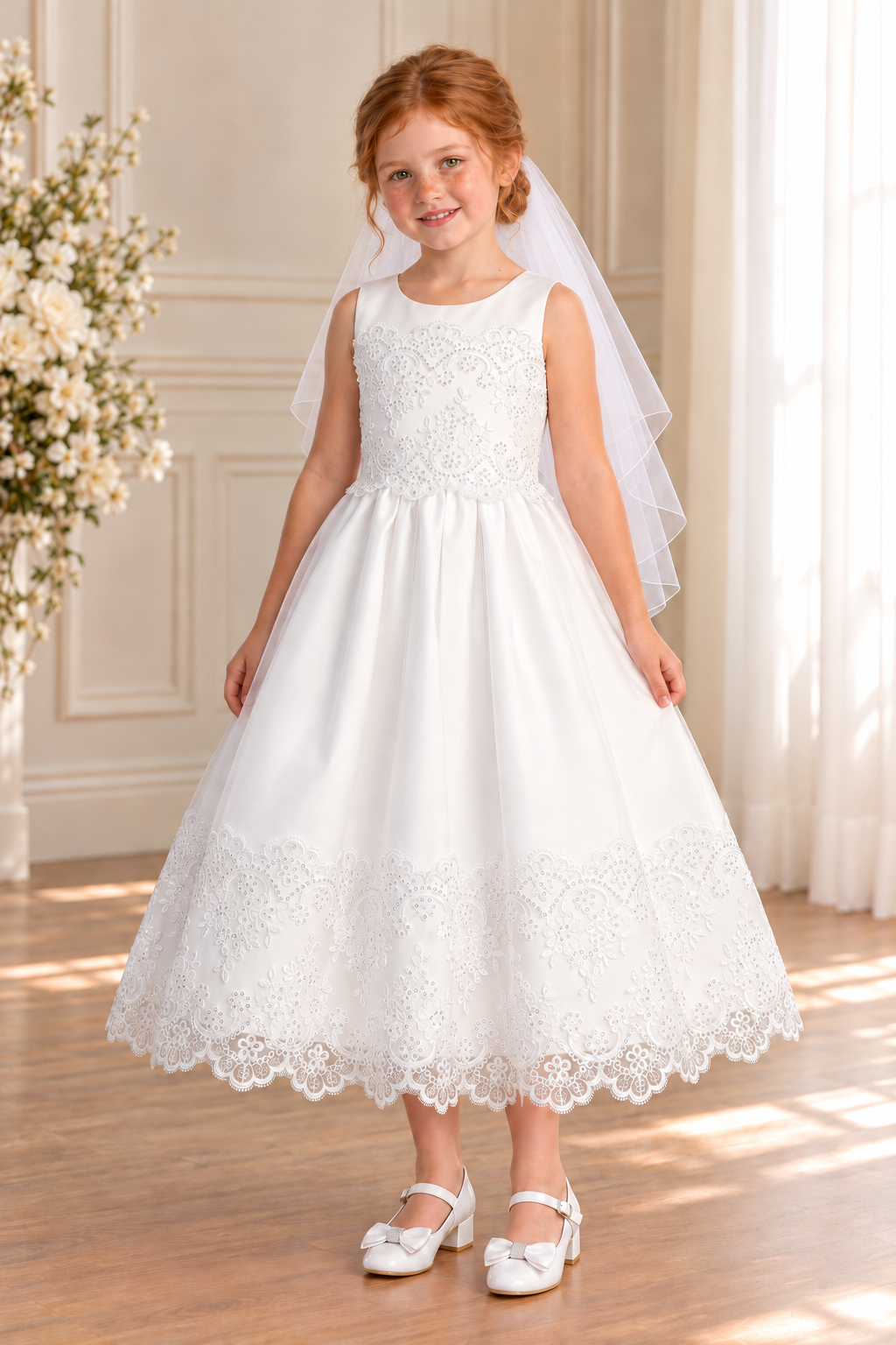 Style 210 white sleeveless Communion dress front on a child model, with scalloped bodice embroidery and a lace-bordered tea-length skirt; GZ5504 shoes and T-303 veil sold separately.