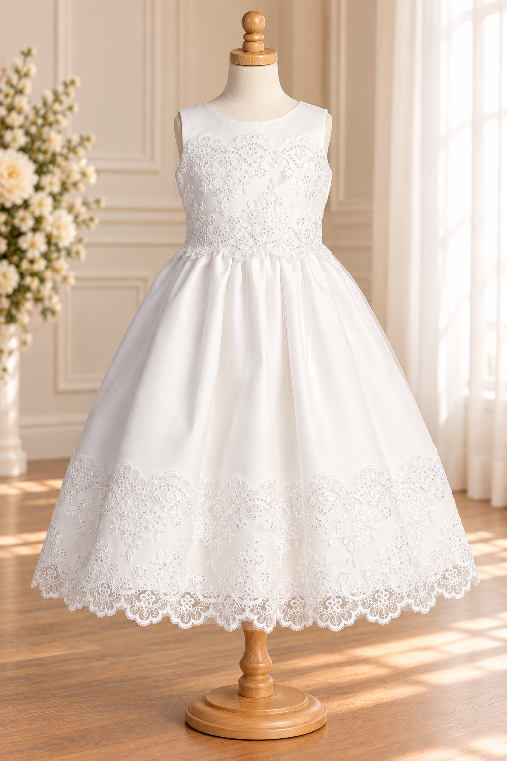 Style 210 white Communion dress front on a mannequin, showing the plain satin round neckline, scalloped embroidered bodice, plain upper skirt and broad scalloped lace border.