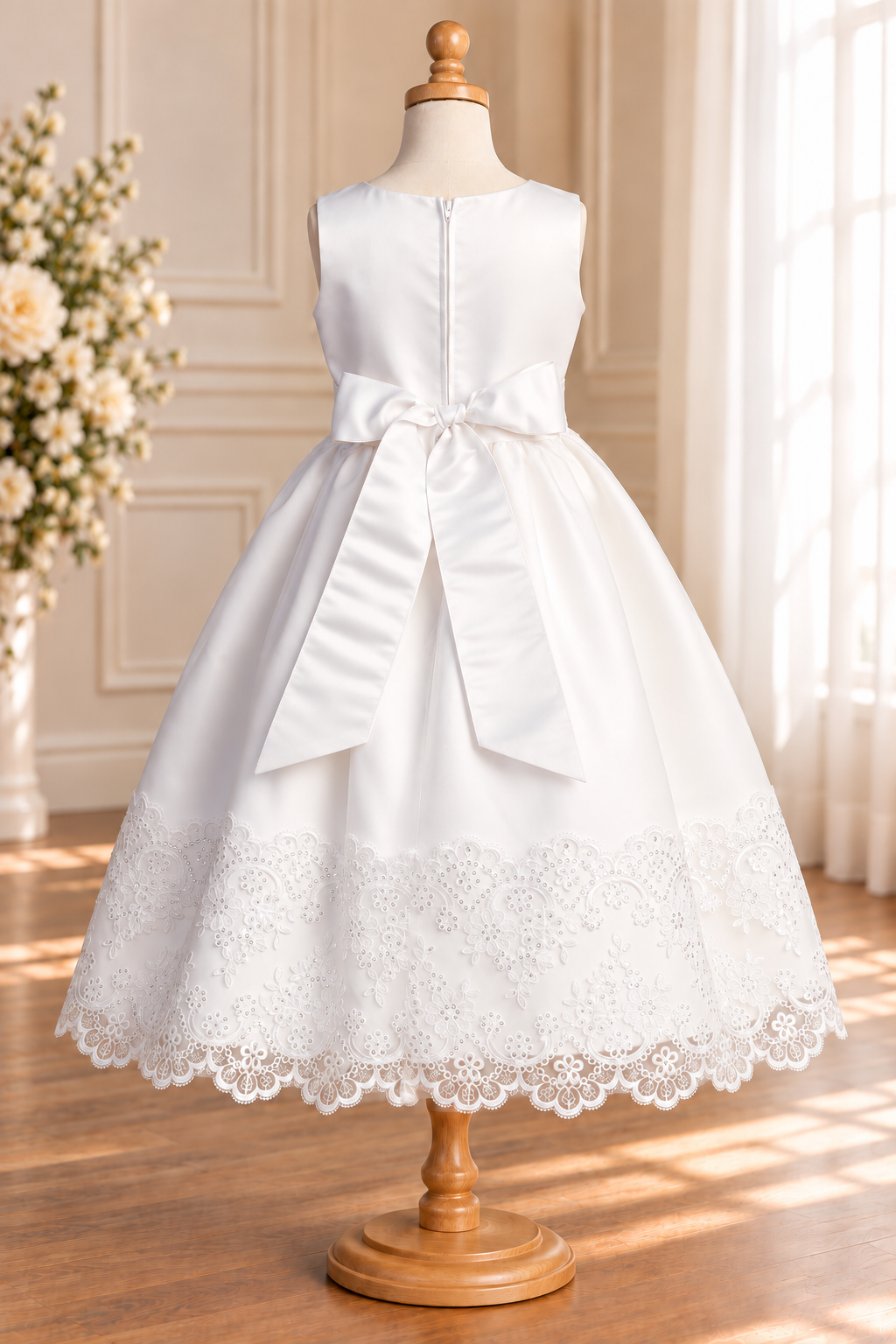 Style 210 white Communion dress rear on a mannequin, showing a plain satin bodice, centre zipper and broad satin bow with long tails above the embroidered scalloped skirt border.