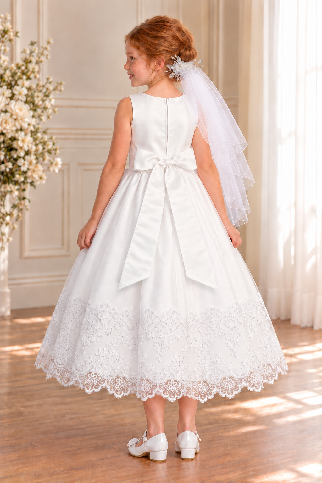 Style 210 white Communion dress rear on a child model, with a broad satin waist bow and embroidered hem; GZ5504 shoes and T-303 floral comb veil sold separately.