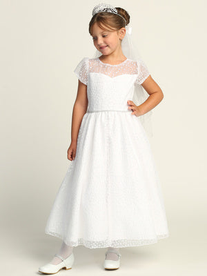 212 Girls White First Communion Dress w/ Embroidered Tulle & Sequins (NEW)
