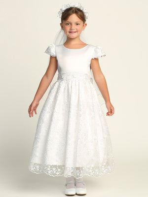 213 Girls White First Communion Dress w/ Satin Bodice (NEW)