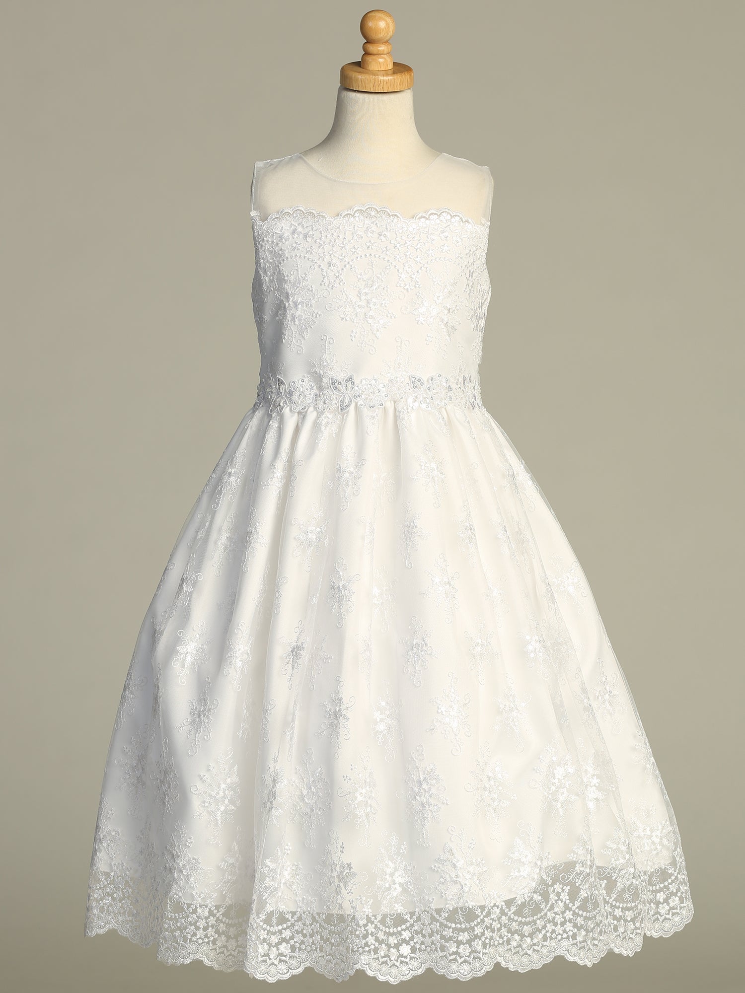 215 Girls White First Communion Dress w/ Embroidered Tulle & Sequins (NEW)