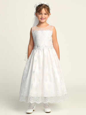 215 Girls White First Communion Dress w/ Embroidered Tulle & Sequins (NEW)