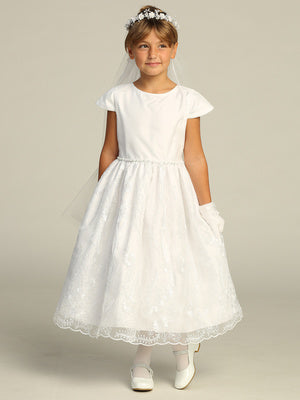 222 Girls White First Communion Dress w/ Corded Tulle & Rhinestone Trim (NEW)