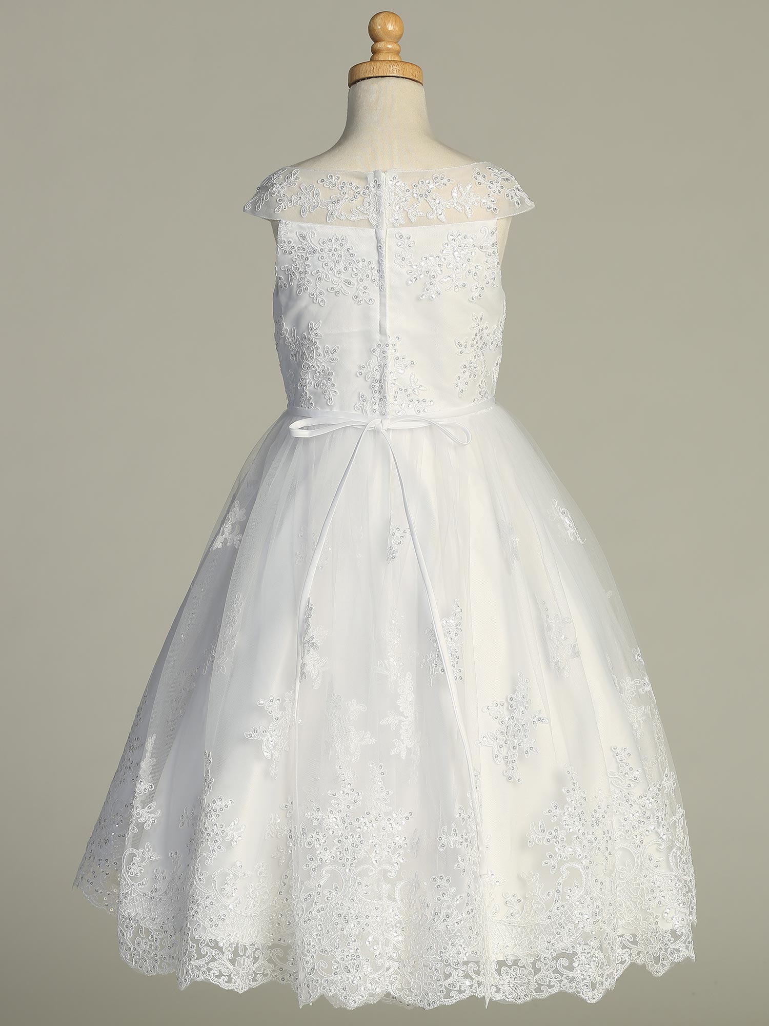 Back view of Elegant Girls White First Communion Dress with zipper closure, embroidered tulle, and satin bow at waist.
