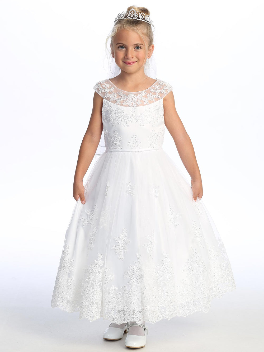 Girls White First Communion Dress w/ Embroidered Tulle & Sequins (725)