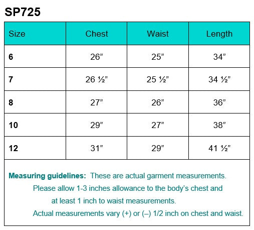 Size chart for Girls White First Communion Dress SP725 showing chest, waist, and length measurements for sizes 6 to 12.