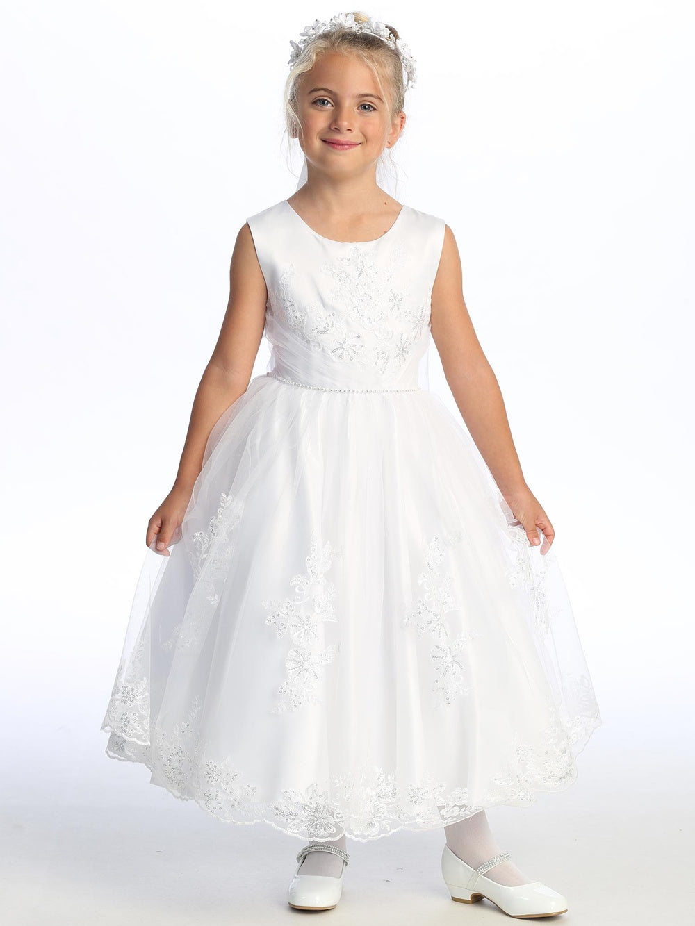 Girls White First Communion Dress Satin w/ Embroidered Tulle & Sequins (727)